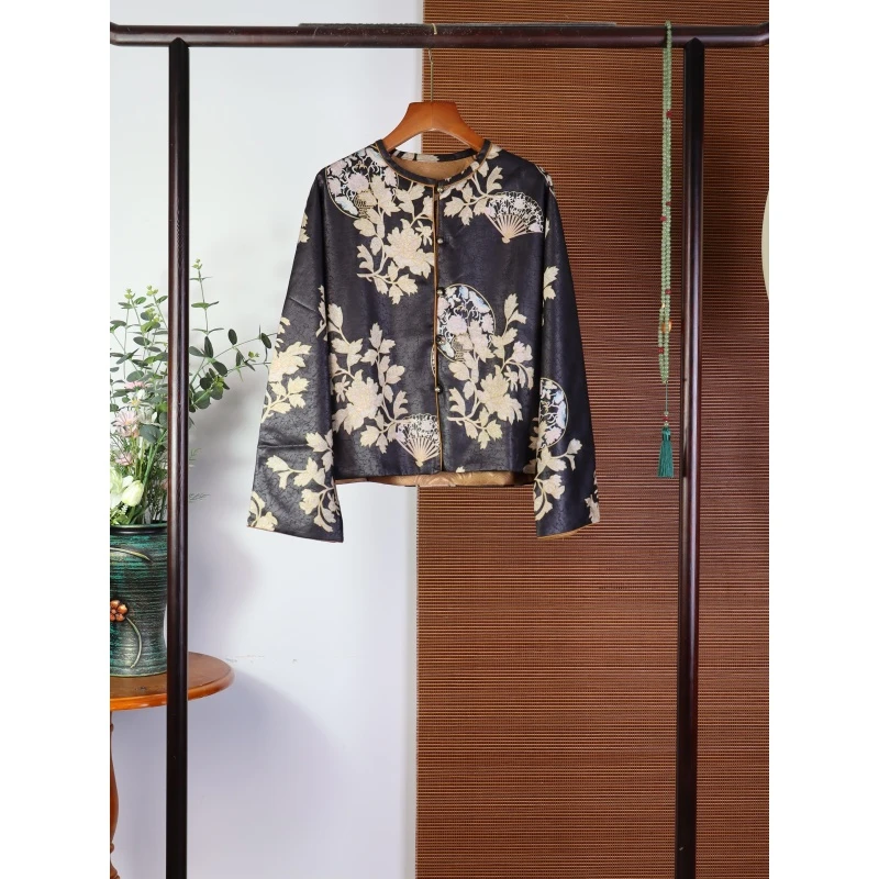 9086秋季香云纱外套新中式圆领长袖女装45姆米 花香满径-外套