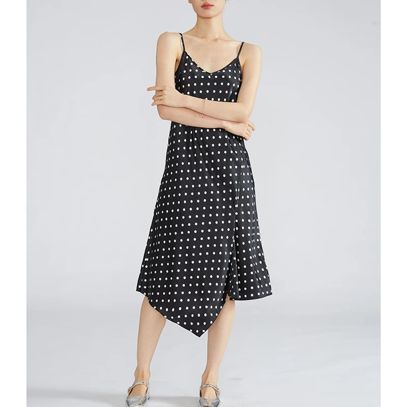 100%桑蚕丝波点V领不规则下摆真丝吊带连衣裙夏肩带可调节DQB005