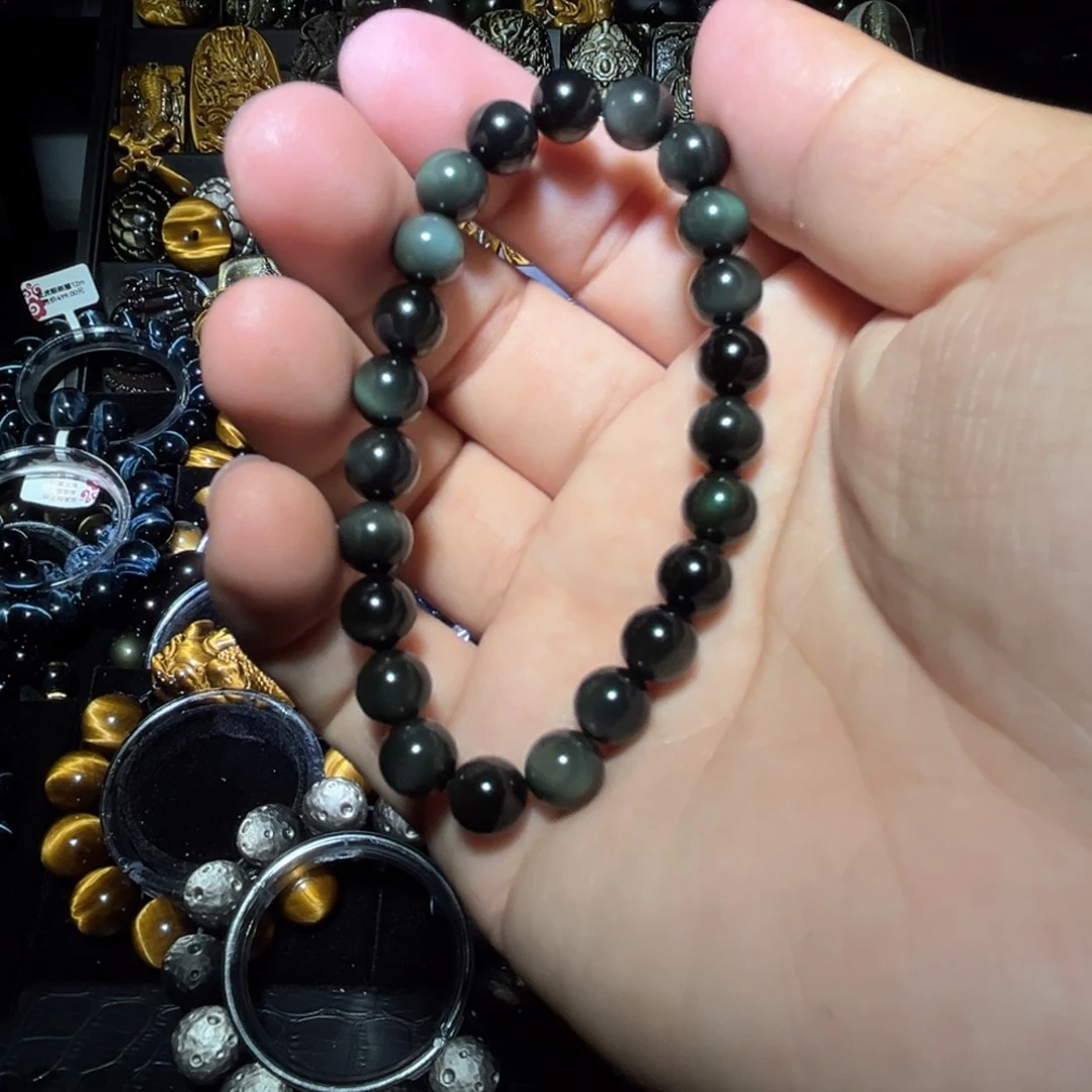 未镶嵌黑曜岩手链学*渣天然彩虹眼黑曜石8m