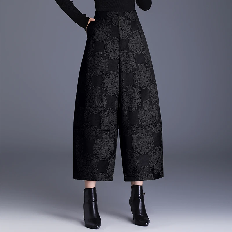 女装大码胖mm休闲裤2025秋冬提花宽松阔腿裤高腰八分裤国风灯笼裤