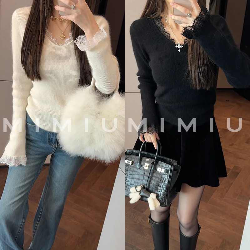 【mimius】P 羊毛羊绒拉绒纯欲蕾丝拼接打底毛衣/不可机洗 WG10013