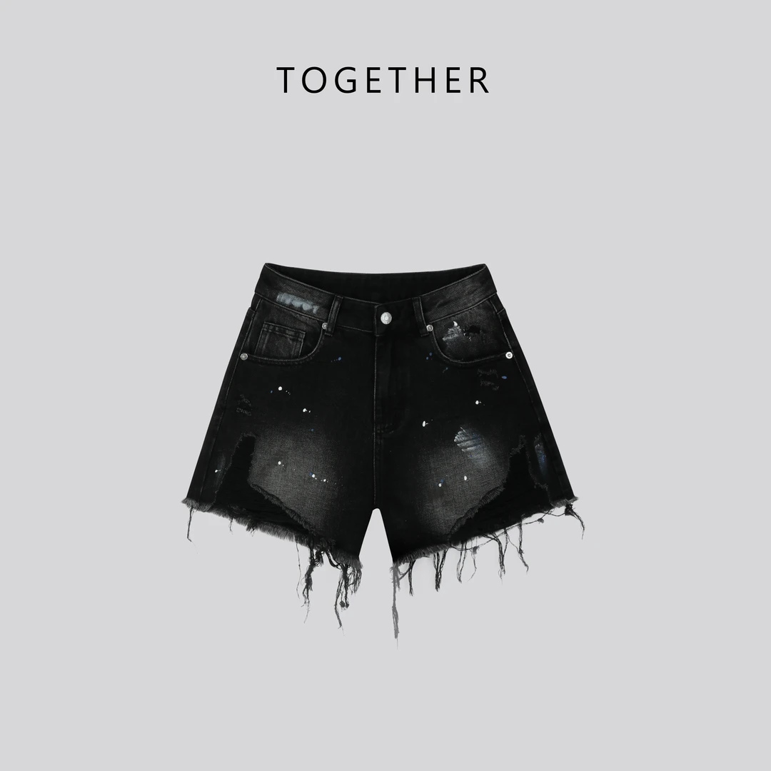 TOGETHER DW STUDIOS【归卷】夏季无弹涂鸦毛须边A字牛仔短裤#Q5026