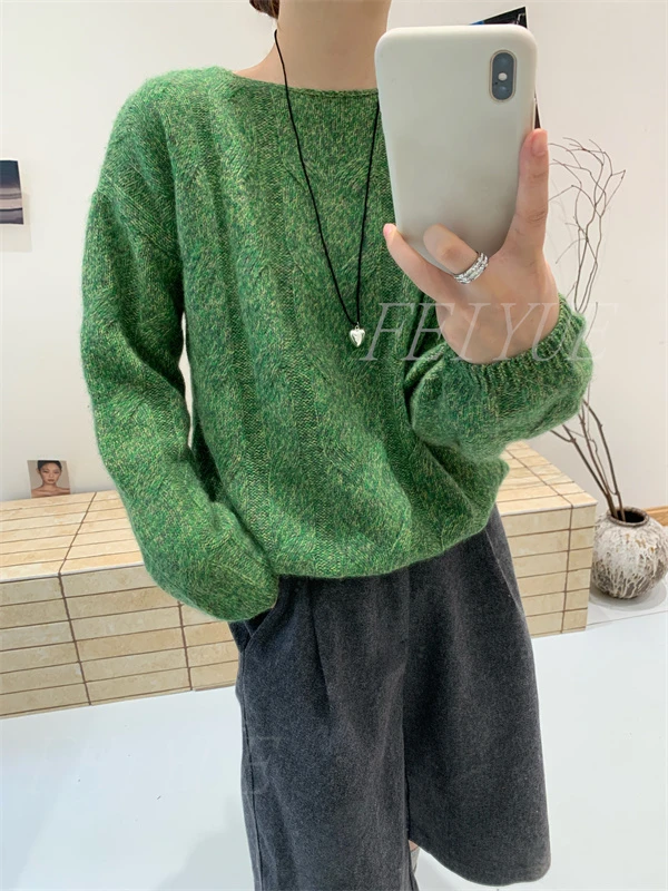 秋冬麻花新款韩版时尚圆领麻花一字领针织衫女宽松显瘦毛衣上衣