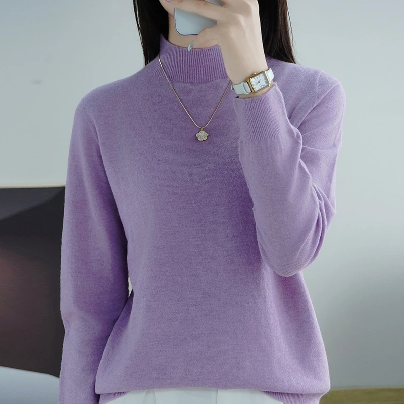 羊毛玫瑰紫色半高领落肩袖慵懒风秋冬季秋日穿搭女针织衫D0002