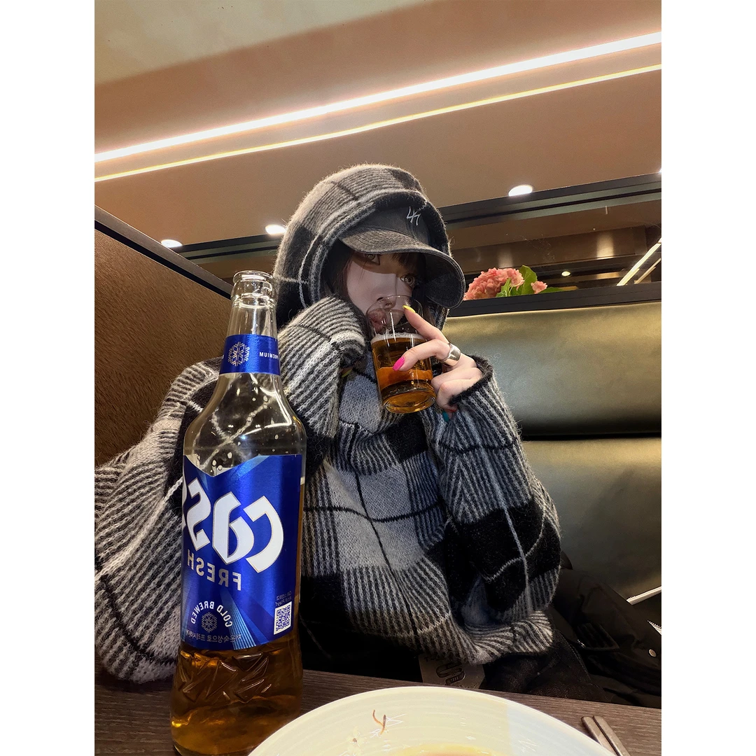 嘉仪【暖冬绒菱】连帽格纹毛衣