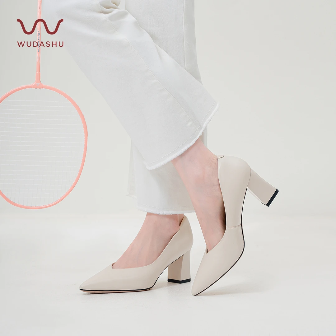 [双重缓震]红云鞋吴大叔春季新款粗跟法式气质尖头浅口单鞋Z063-1