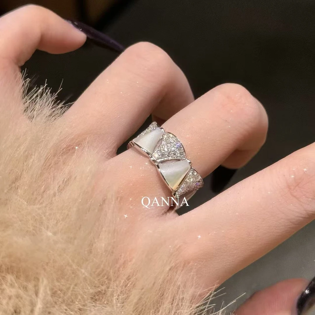QANNA【宽版银杏叶】【满钻裙子】奢华名媛时尚百搭裙边钻石戒指AY