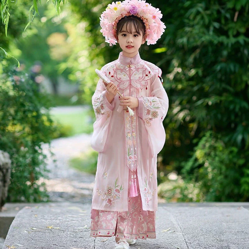 女童汉服粉色套装儿童明制超仙古风中国风刺绣云肩高端马面裙汉服