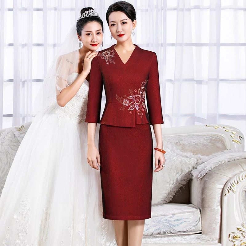 5859酒红色喜婆婆婚宴礼服新款高贵优雅年轻妈妈宴会结婚礼服裙女
