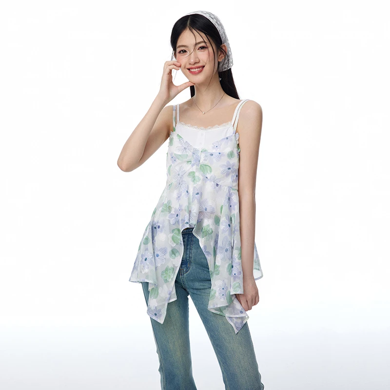 NTOT原创蓝绿剪花吊带蝴蝶结不规则下摆修身显瘦吊带衫NOTSY24150