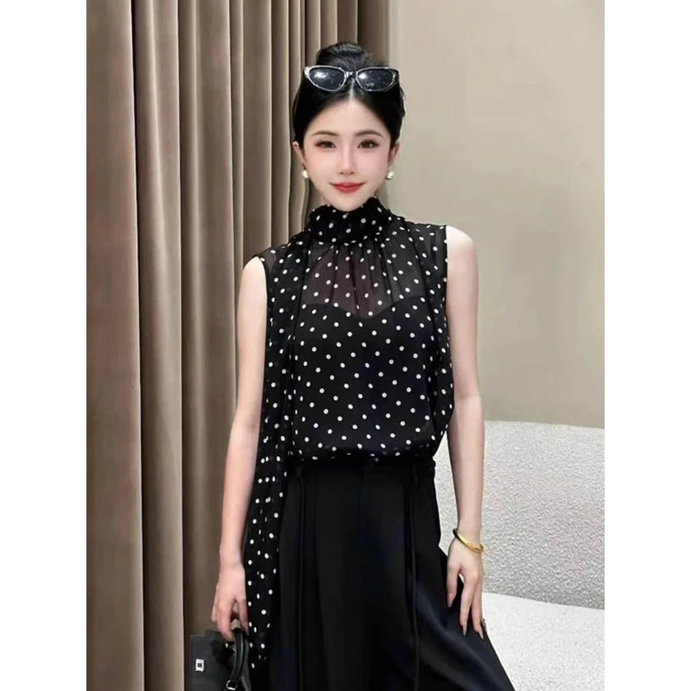 法式气质波点衬衫女夏季新款飘带立领无袖衬衣设计感小众薄款上衣