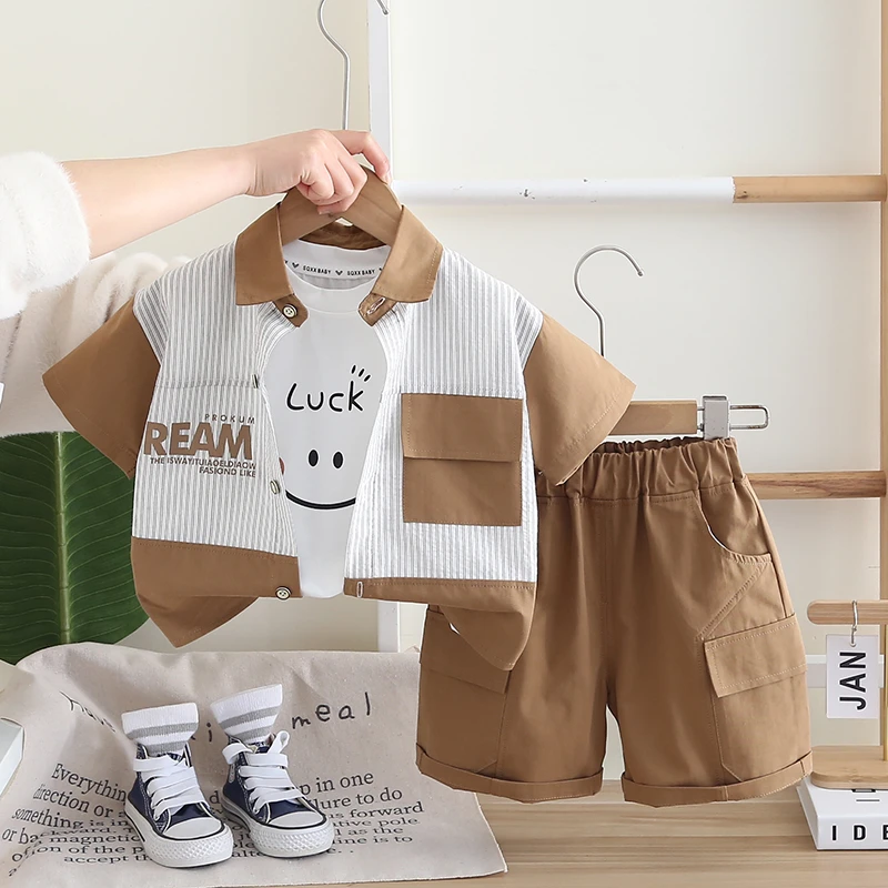 男童夏装短袖衬衫三件套帅气男宝宝夏装套装洋气婴儿童夏季小童装