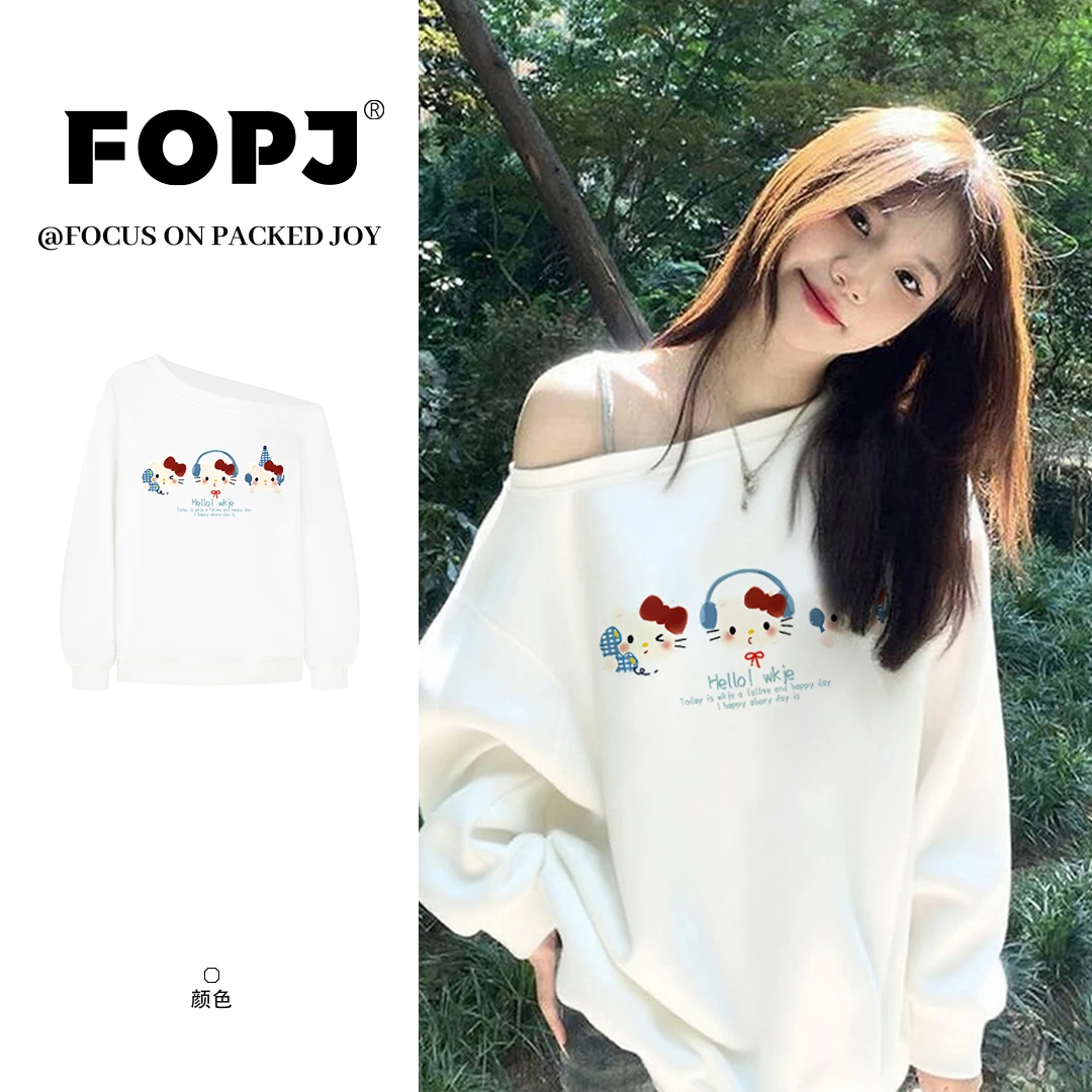 FOPJ早秋纯欲风猫咪kitty印花斜肩卫衣女设计感宽松百搭露肩上衣