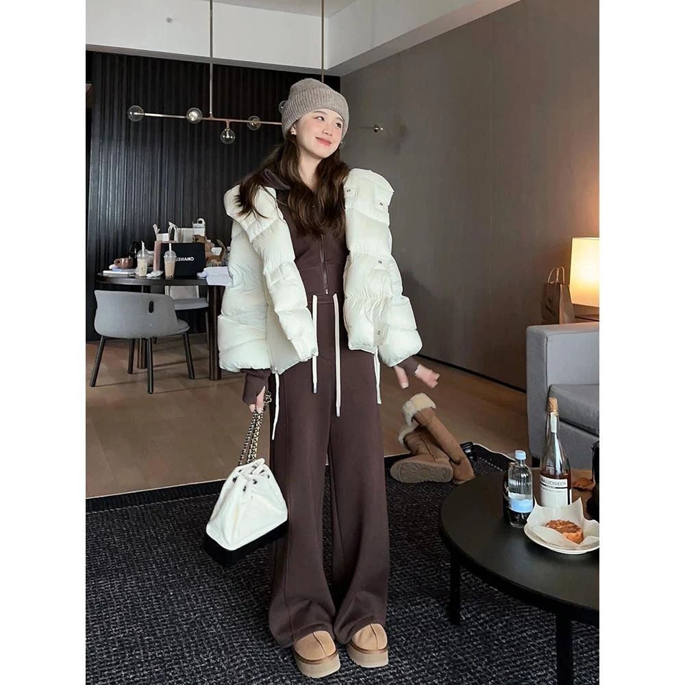 欧货小香风时尚休闲运动套装女秋冬加绒卫衣高腰阔腿裤两件套洋气