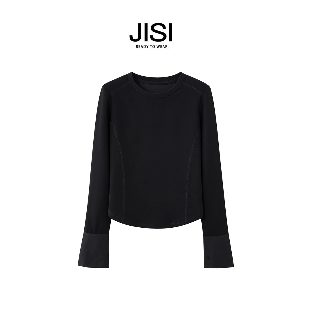 JISI 鱼骨线拼接圆领长袖上衣CX24001