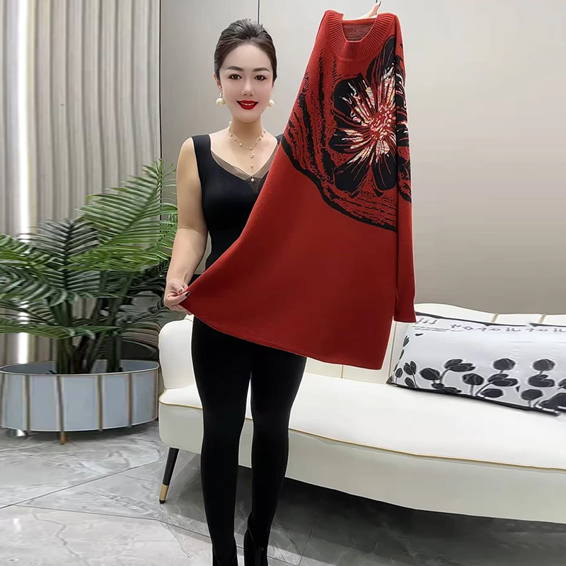 H秋季新款中年妈妈时尚花朵针织大版衫宽松遮肚中长款打底毛衣裙