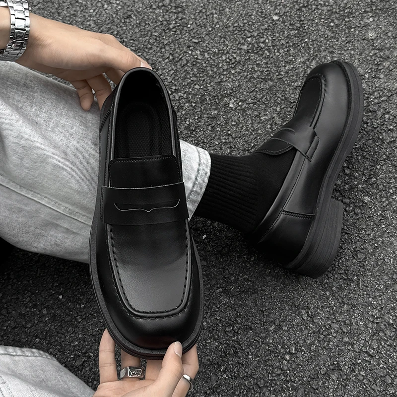 复古老钱休闲方头皮鞋男款一脚登乐福鞋公务正装简约通勤百搭皮鞋
