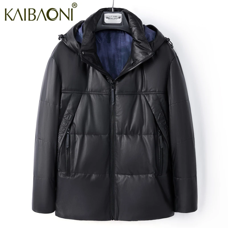 海宁男士轻奢真皮皮衣皮羽绒牛皮鹅绒服短款连帽加厚皮夹克外套