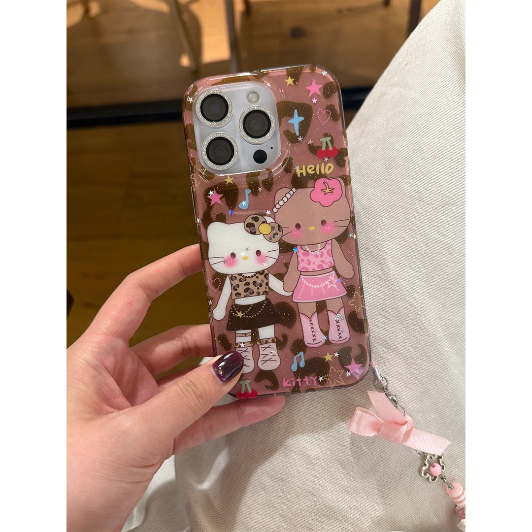 适用苹果16手机壳iPhone15/14promax可爱豹纹kt姐妹手机保护套