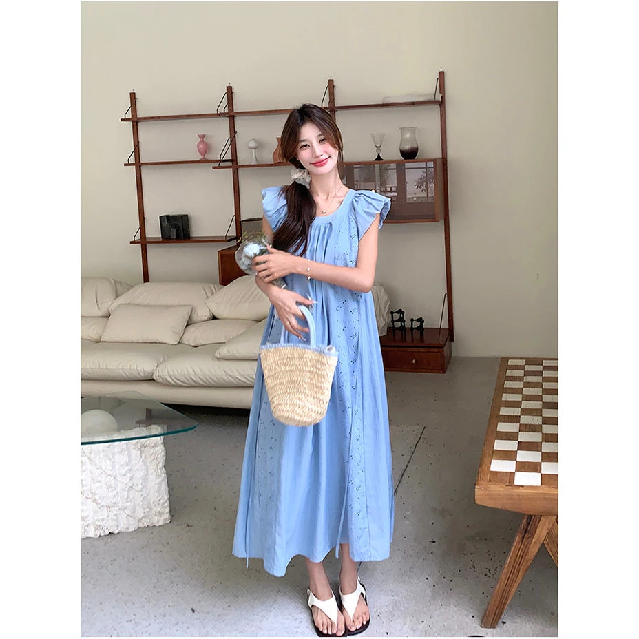 蓝色小飞袖连衣裙女夏2025新款法式桔梗仙女裙初恋a字裙遮肚显瘦