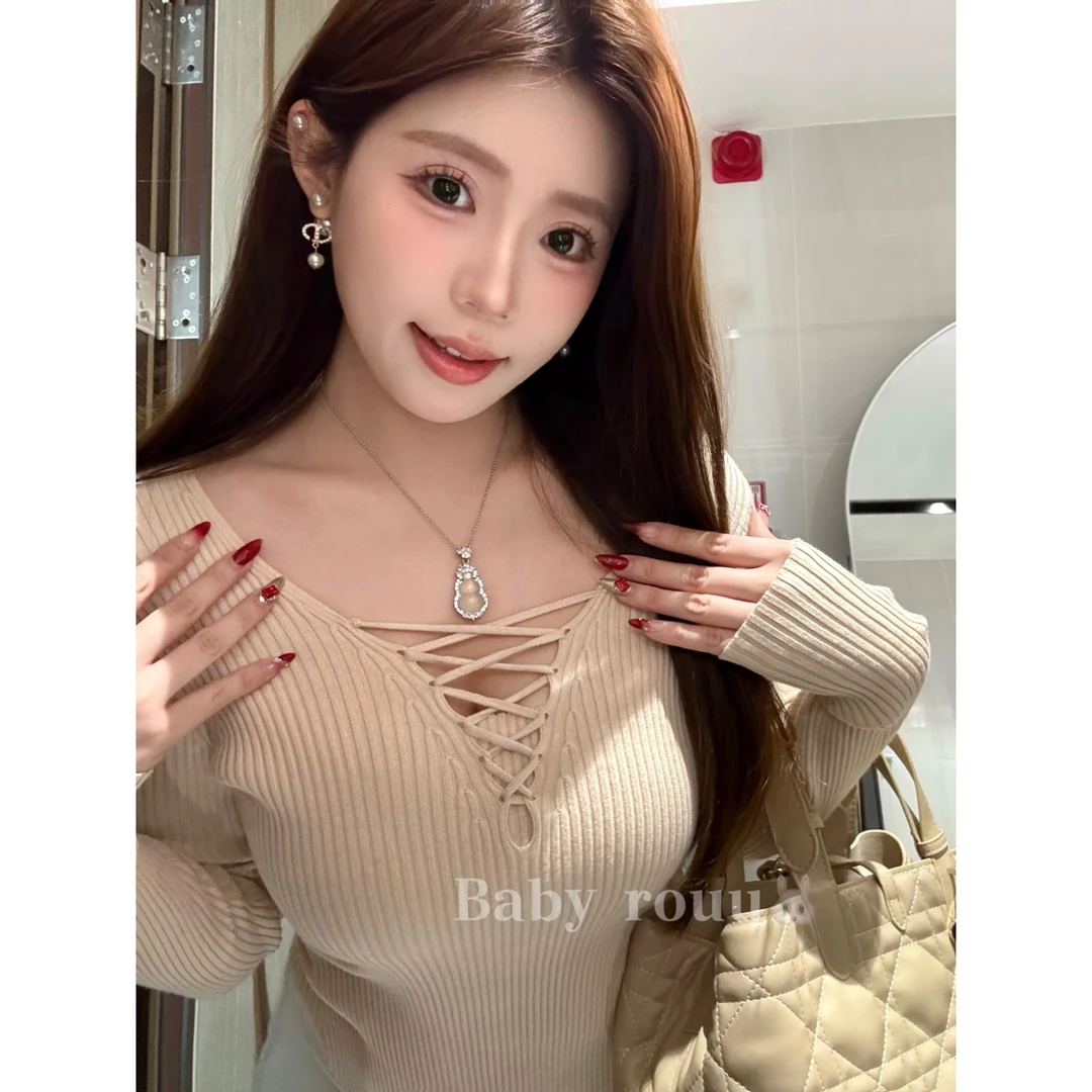 baby rouu【流纱梦境】温与柔不规则交叉绑带纯欲气质风毛针织衫