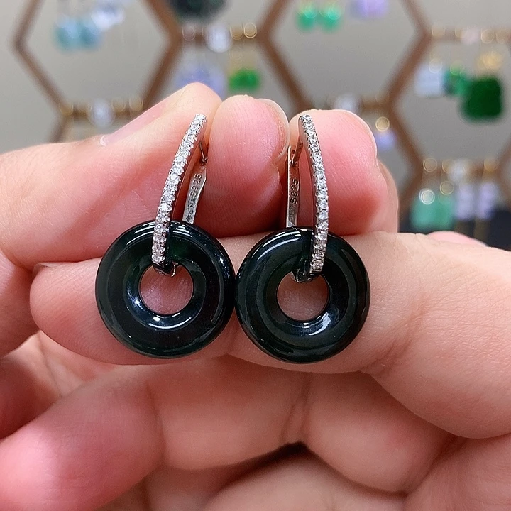 银S925镶嵌翡翠耳饰天然翡翠耳饰