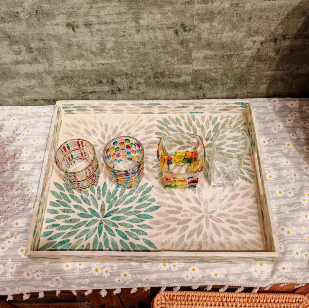 A越南38*30*4全贝壳蓝白四花贝壳盘大号家用茶几水杯水壶大方盘