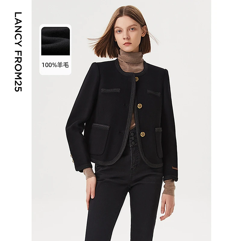 朗姿复古纯羊毛小香风短款修身黑色毛呢外套女高级感气质秋冬新款