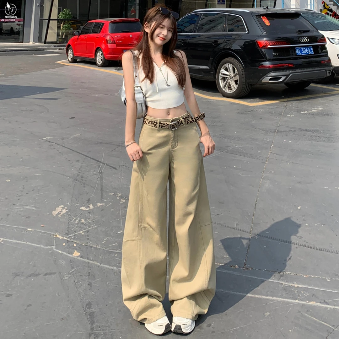 VALVOELITE美式复古阔腿牛仔裤女夏新款高腰宽松直筒显瘦拖地长裤