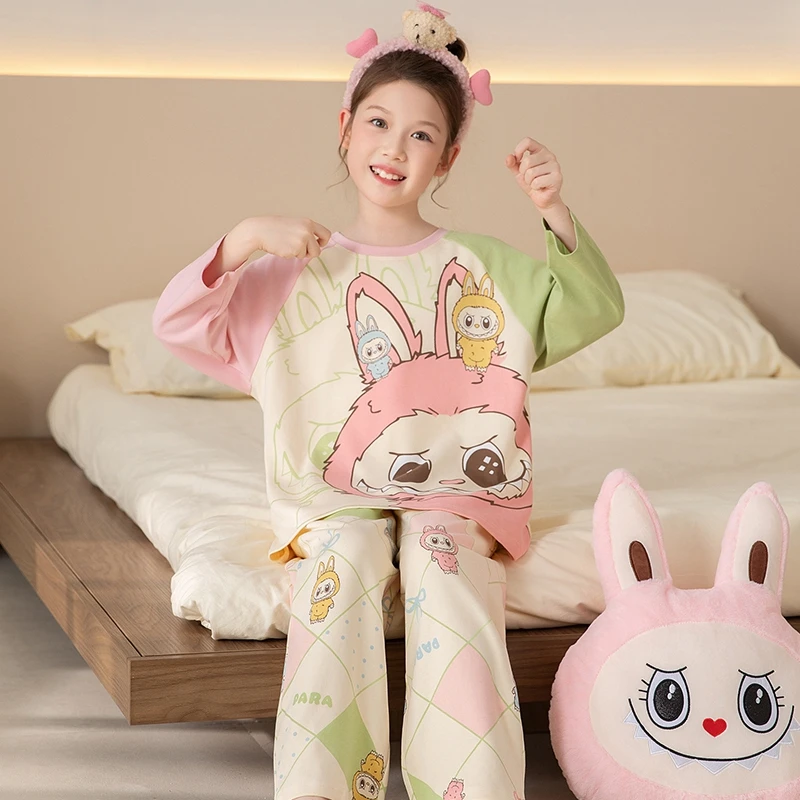 bejirog/北极绒洋气长袖撞色款女童春秋季纯棉圆领睡衣儿童家居服
