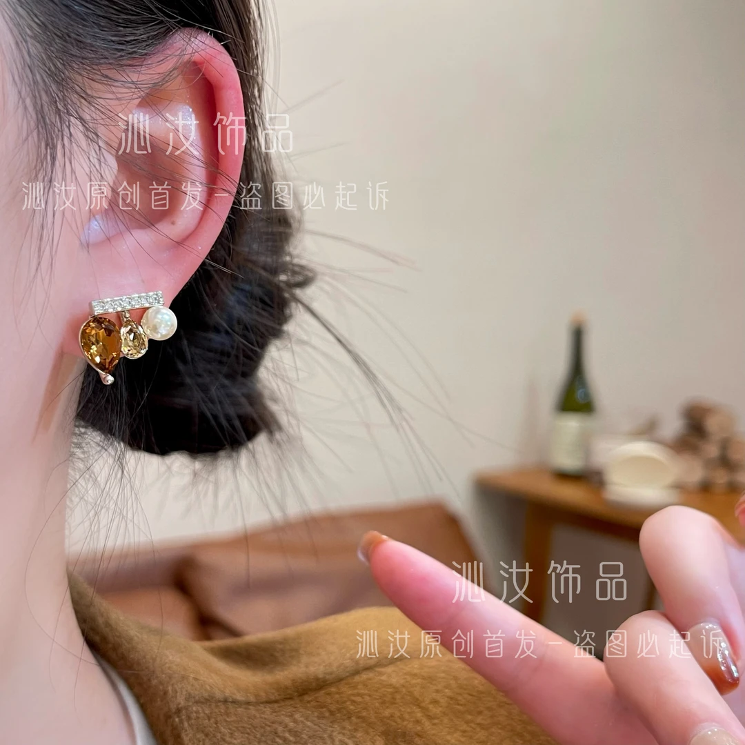 【沁汝饰品】QR171水滴锆石珠珠拼接耳钉时尚气质轻奢