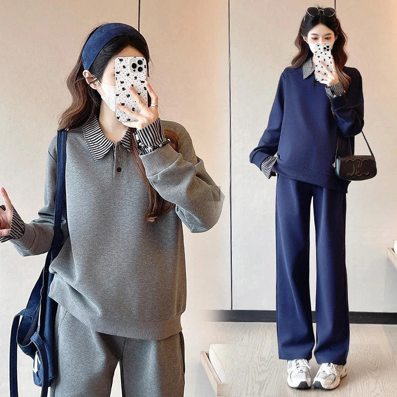 大码孕妇秋装套装2025新款POLO领卫衣阔腿裤孕期穿搭两件套200斤