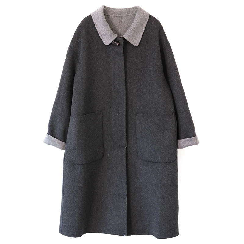棉叙韩版中长款毛呢外套异色双面呢大衣宽松女士冬装24700