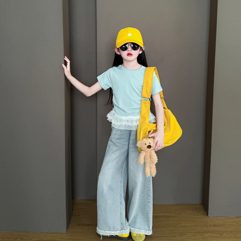 女童2025夏季儿童甜美韩系花边短袖T恤休闲阔腿牛仔长裤两件套潮