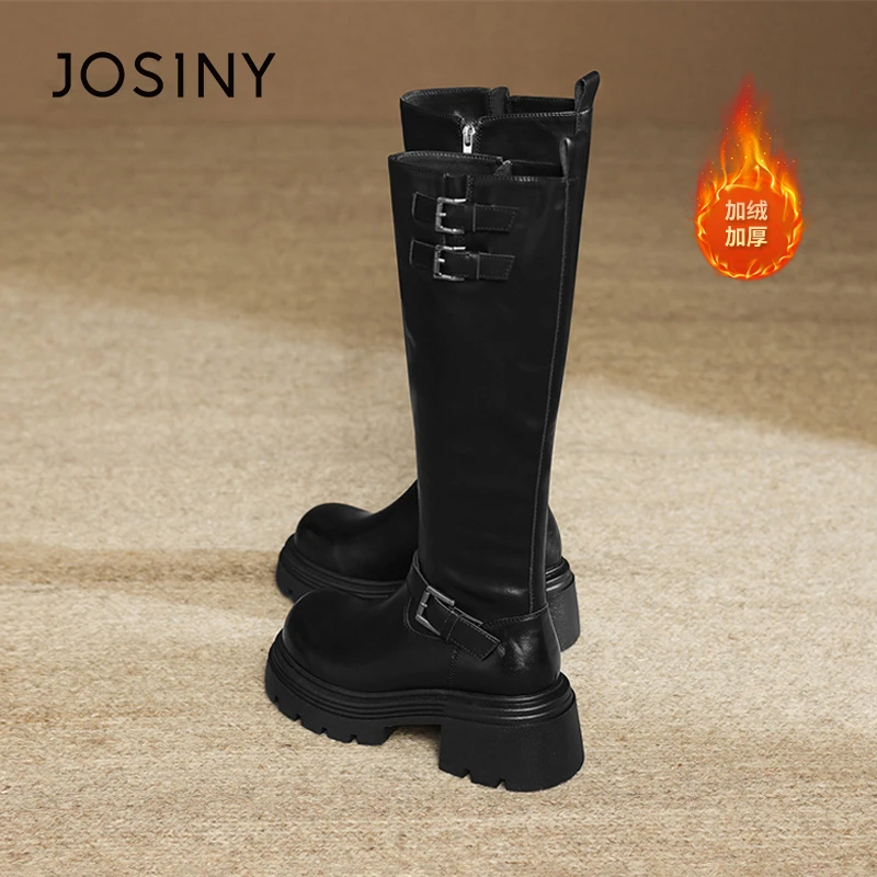 卓诗尼黑色长靴长筒靴2024冬季新款加绒加厚骑士英伦风小个子靴