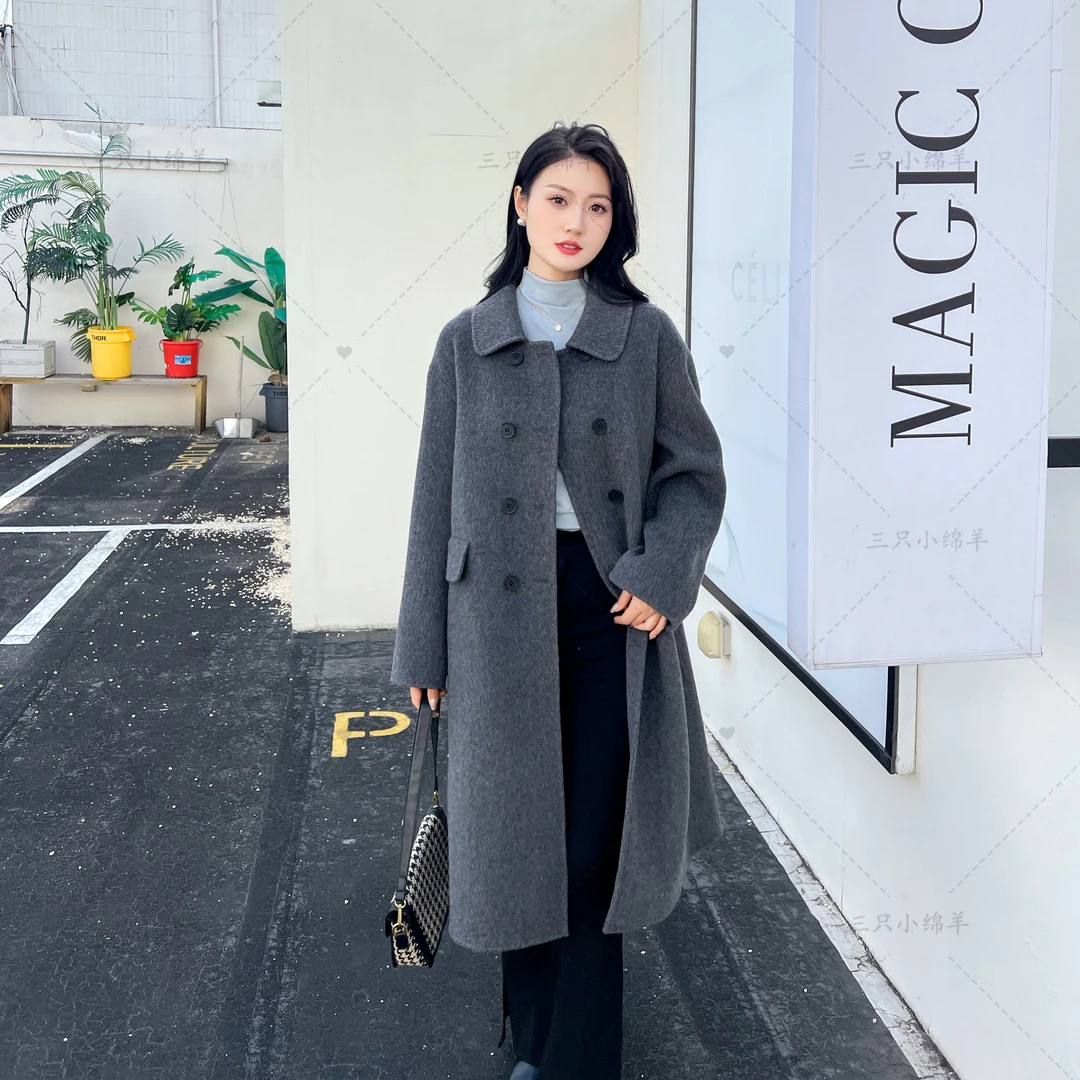 【新款】宽松韩版双排扣方领中长款宽松大衣