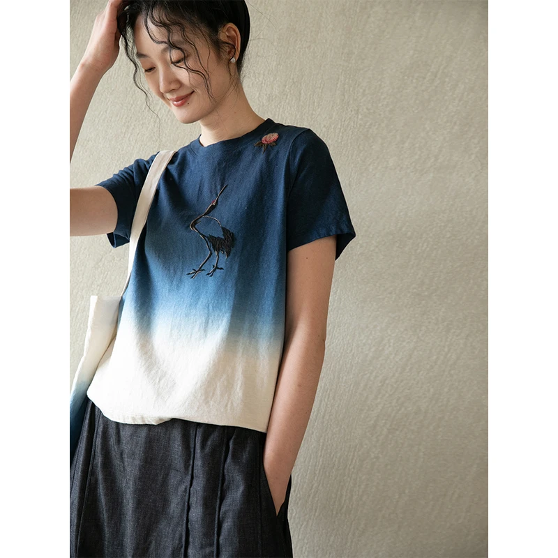 【非遗手工吊染】牧衣游原创 吊染手工刺绣文艺圆领百搭短袖 乘云