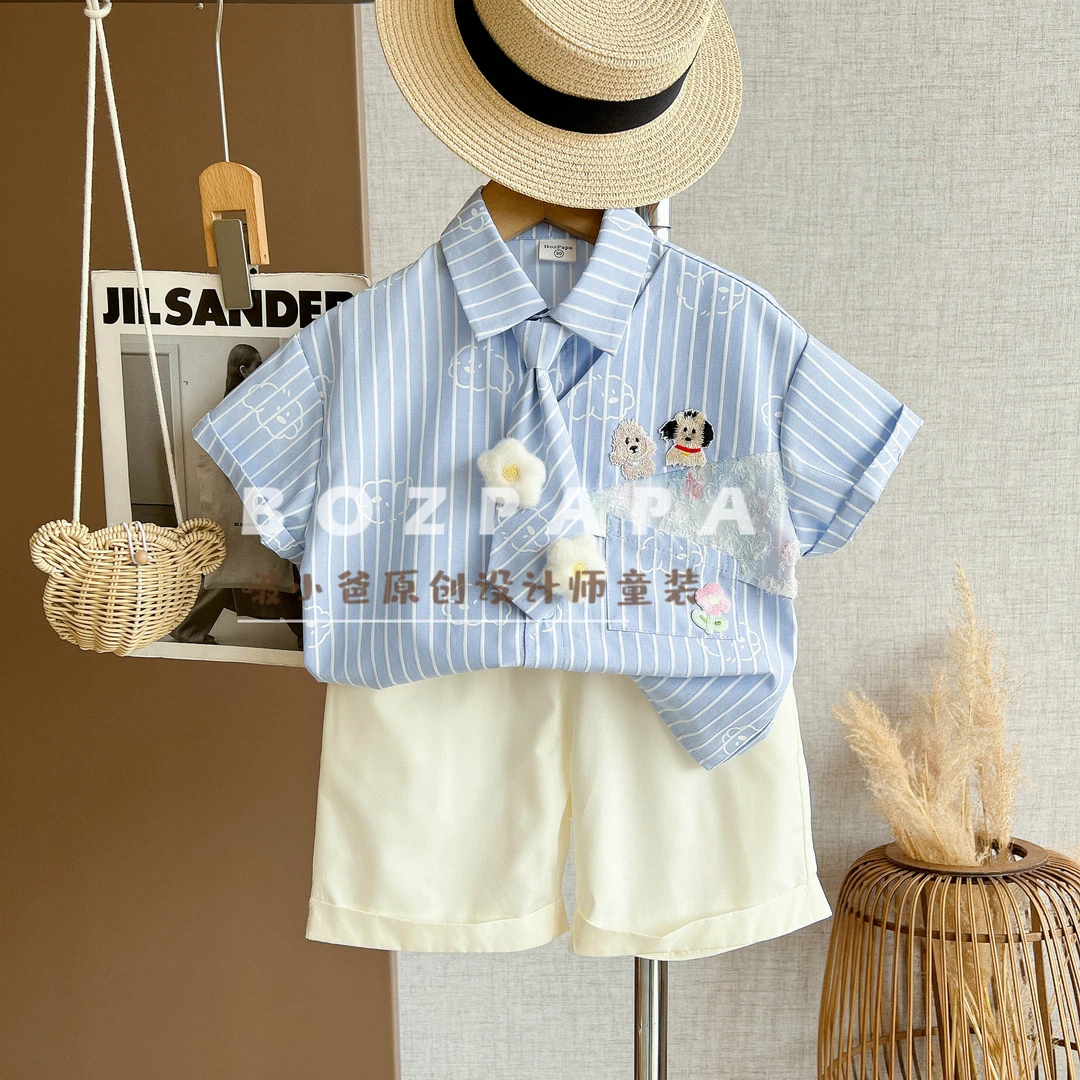现货啵小爸【去海边】2025夏季男童韩系休闲蓝色条纹破裂设计衬套装