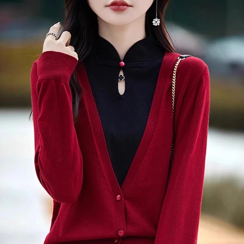 旗袍领假两件套头百搭针织打底衫毛衣女秋冬新款宽松内搭外套上衣