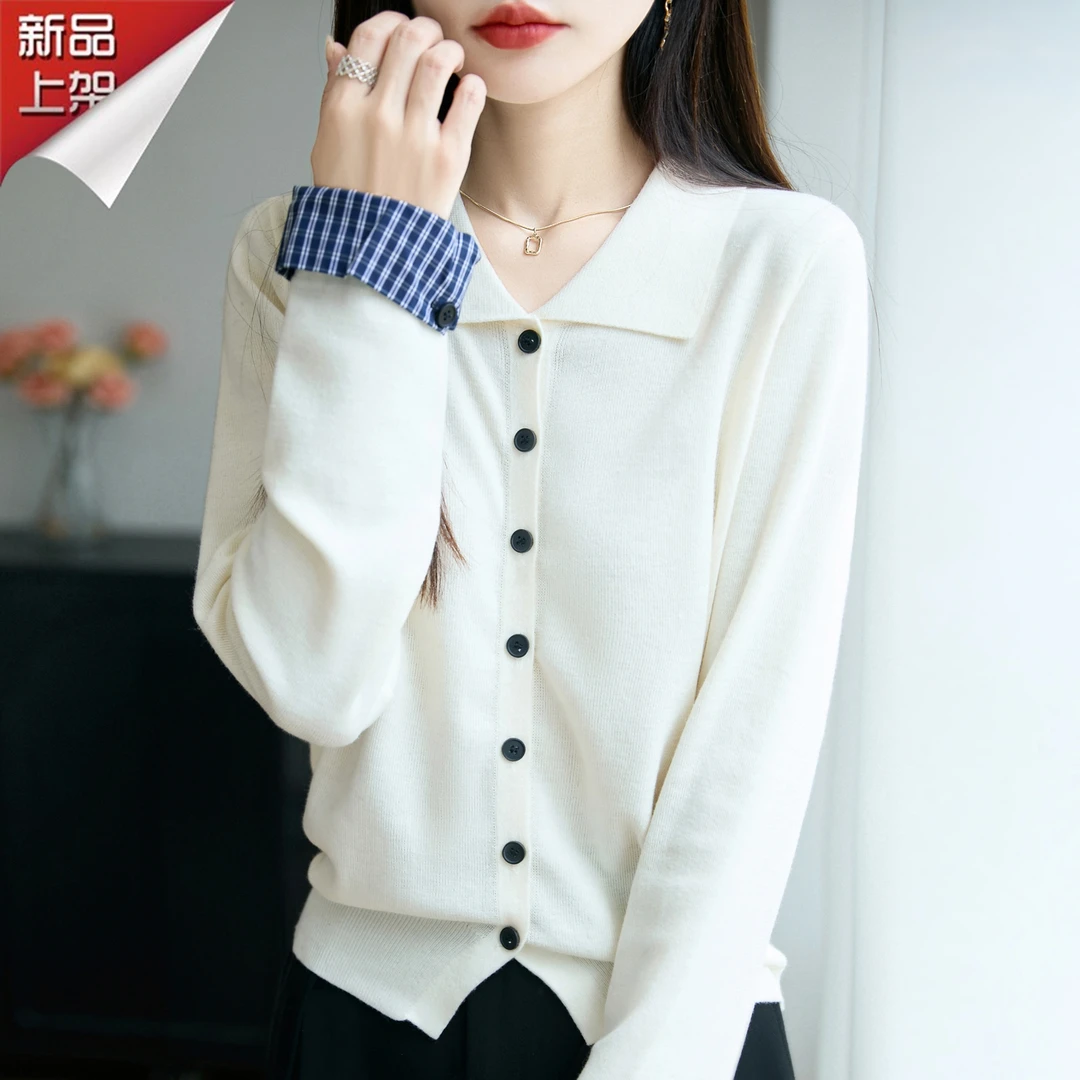 哥弟阿玛施正品秋季袖口格子拼色polo领羊毛针织开衫时尚打底上衣
