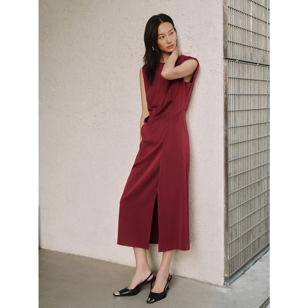 INSUN恩裳冬季波尔多红捏褶缎面醋酸连衣裙9C34505076