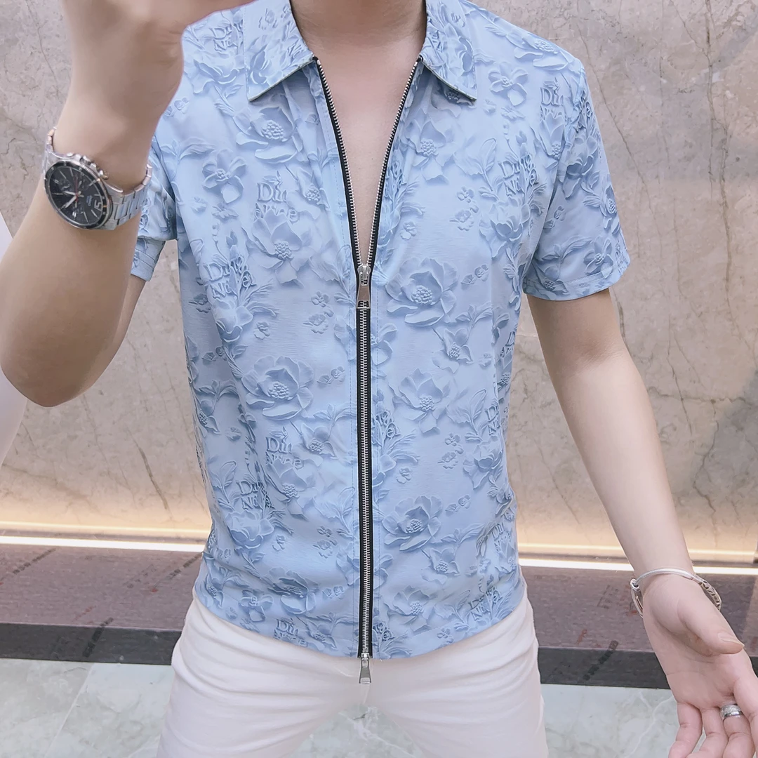 欧货男装时尚休闲夏季商务翻领轻奢拉链百搭透气半袖潮流宽松型