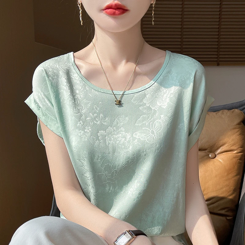 2025夏季女士缎面圆领短袖时尚小飞袖上衣半袖夏装洋气显瘦小众
