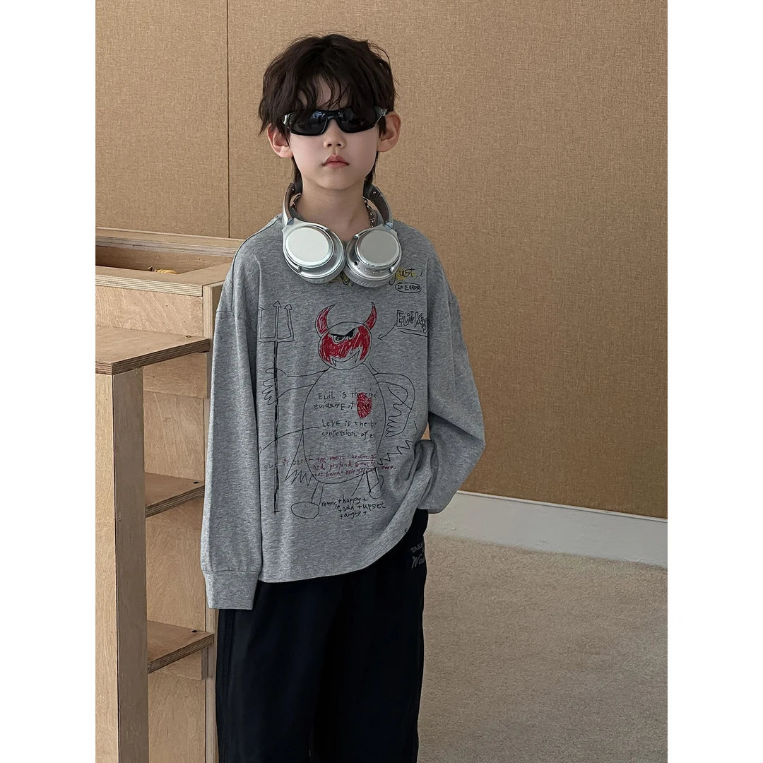 in 爱:mp25秋季男童涂鸦长袖上衣韩版儿童百搭休闲小恶魔T恤5555