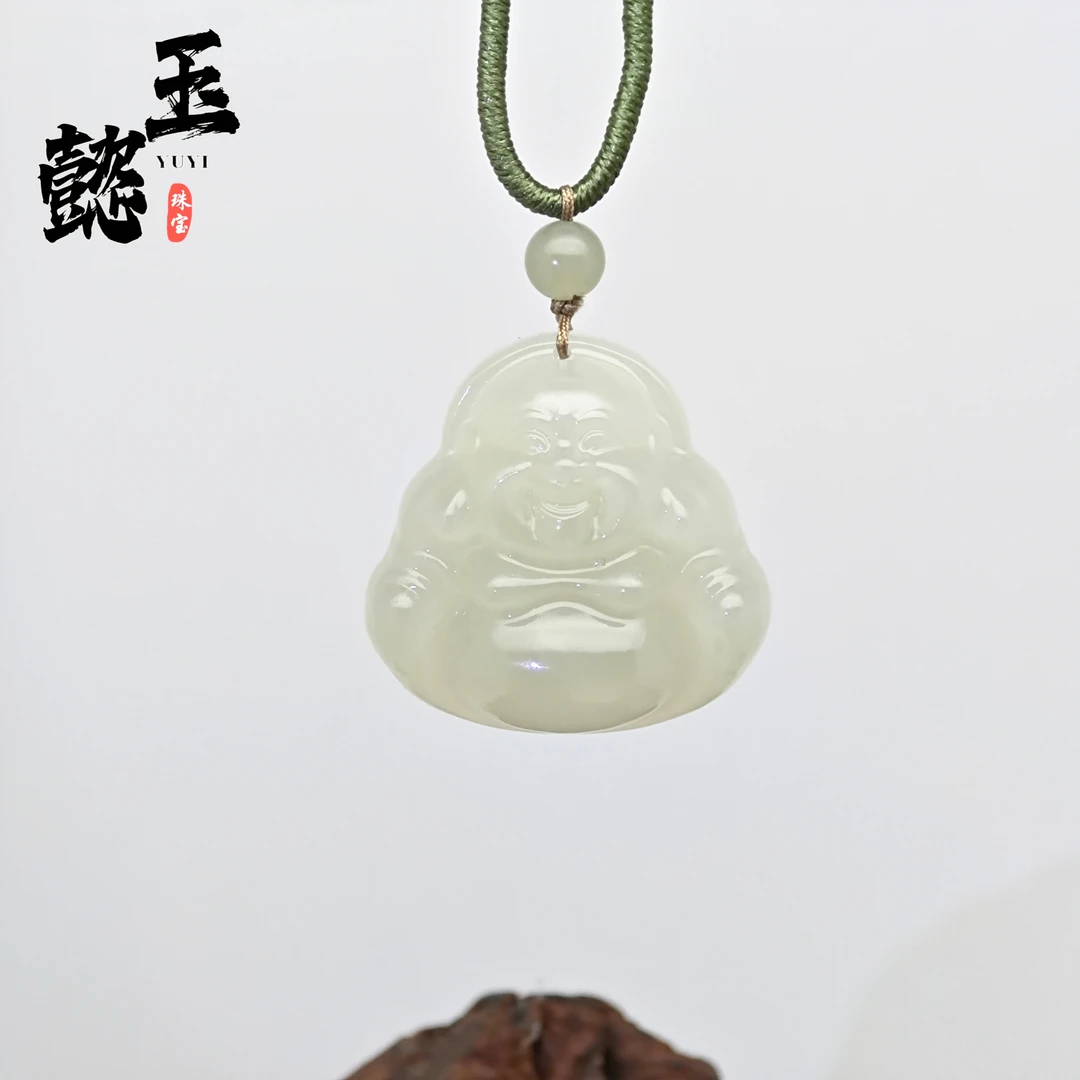 和田玉茶青弥勒佛女款雕刻佛公吊坠25-10（深浅多样性发其一）