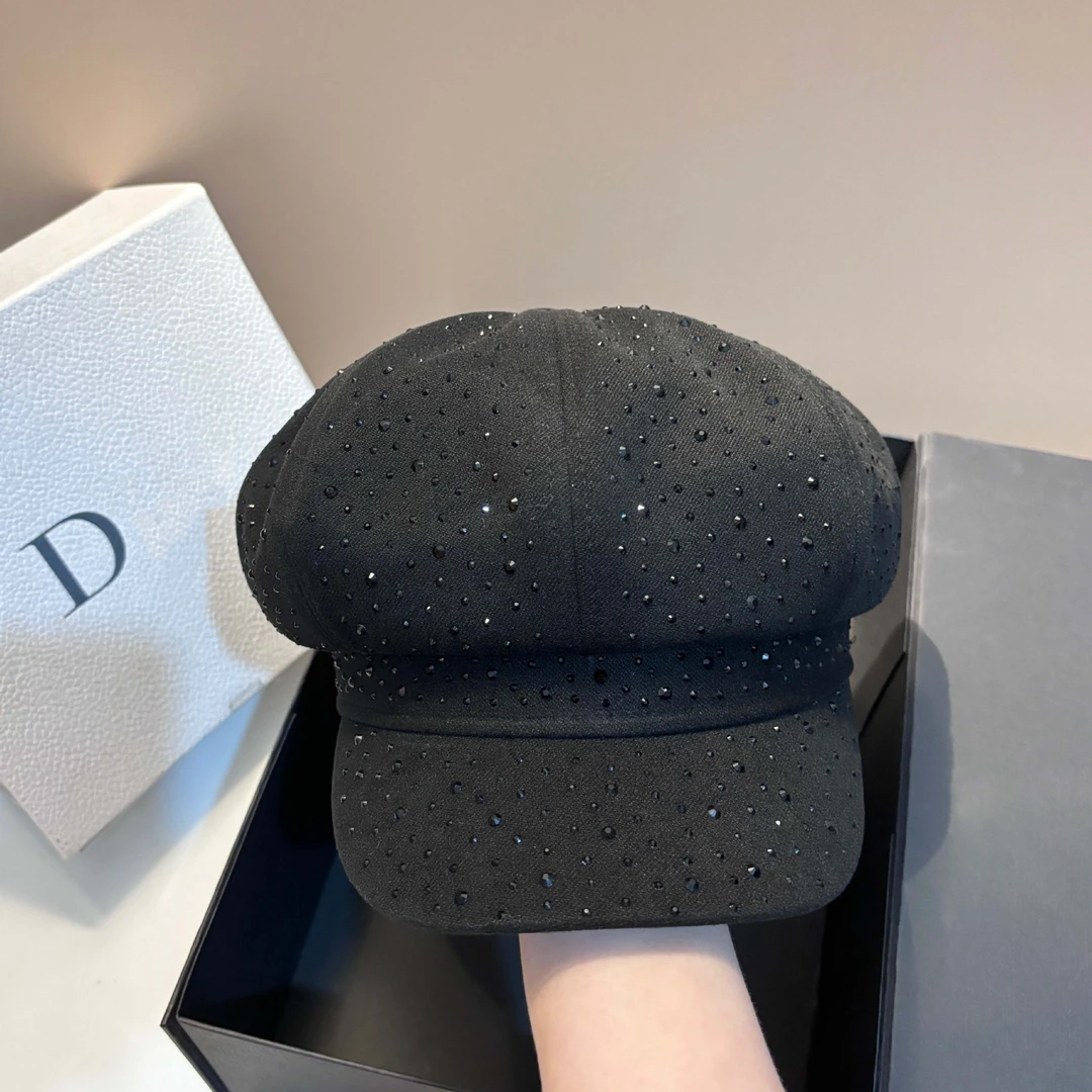 韩版显脸小满天星烫钻八角帽女英伦轻奢气质复古鸭舌帽百搭报童帽