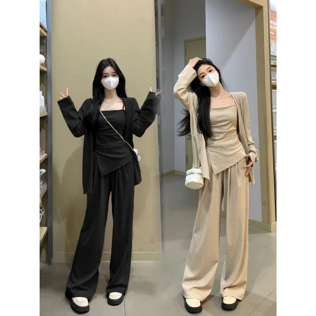 MO88ZSPF大码胖mm巨显瘦套装吊带外披长裤休闲三件套女春夏一整套