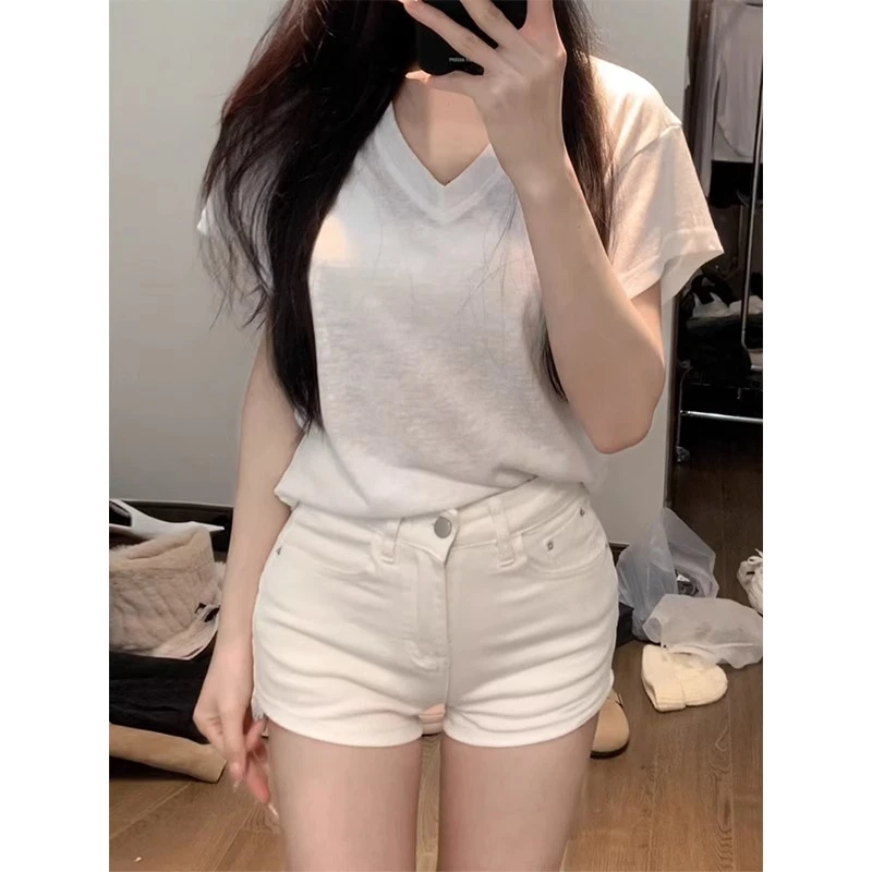 美式辣妹白色显瘦牛仔短裤女夏季新款复古高腰紧身百搭包臀热裤潮