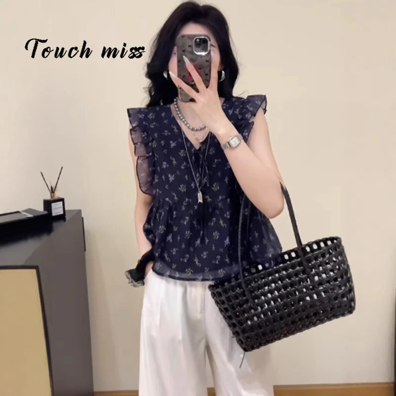 TOUCH MISS法式v领碎花小飞袖衬衫女夏小个子设计感木耳边小衫宽