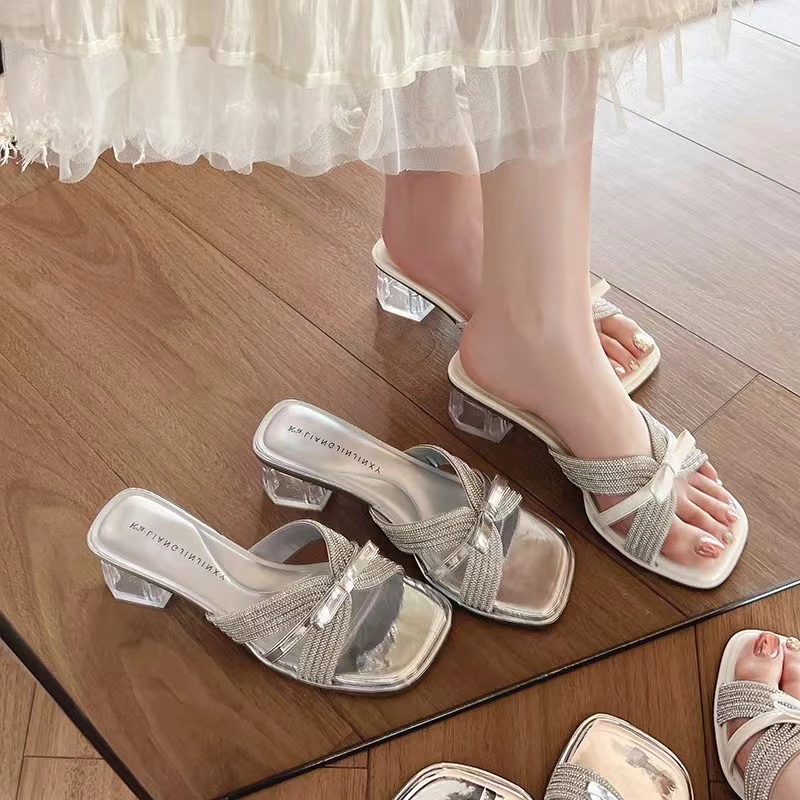 6566-5露趾酒杯高跟气质名媛半拖鞋外穿交叉带低跟方头水钻凉拖E8